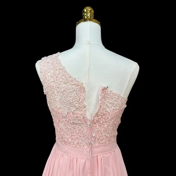 Blush Pink One Shoulder Lace Bodice Chiffon Maxi Formal Dress Size 4/6 - Picture 7 of 13